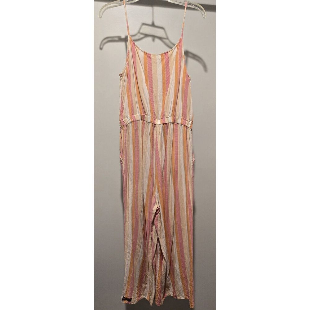 Striped Button-Front Maxi Jumpsuit‎ in Pastel Pink and Peach Summer Beach Romper - Picture 2 of 7
